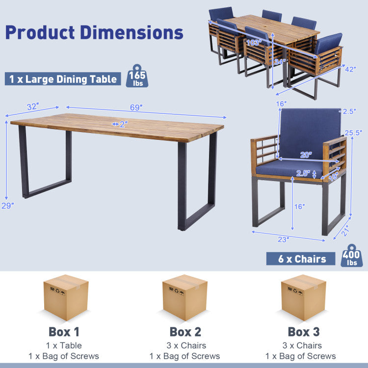 7 Pieces Outdoor Dining Table Sets Patio Acacia Wood Dining set with Umbrella Hole and Cushion