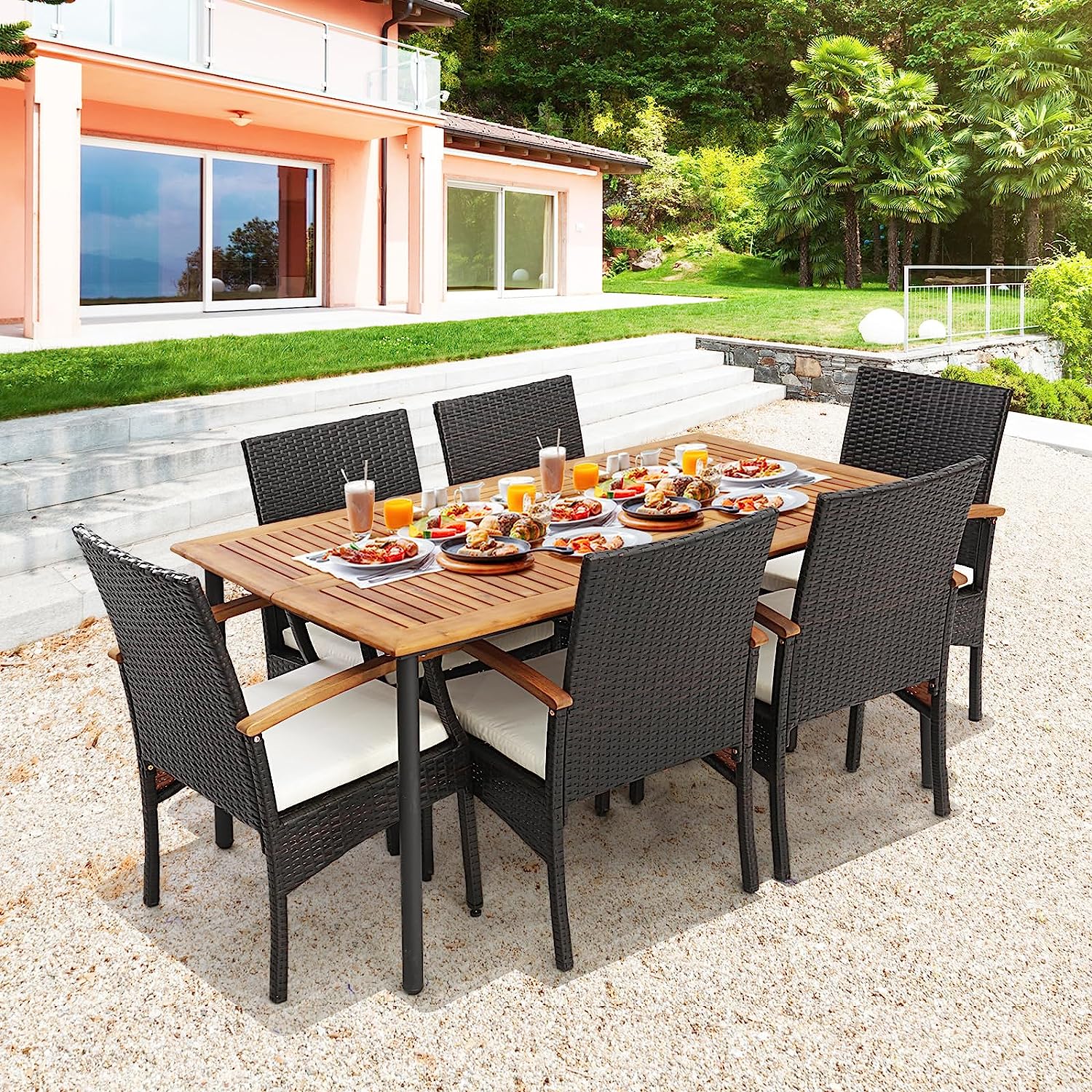 7 Pieces Patio Rattan Dining Table Sets Outdoor Conversation Bar Set