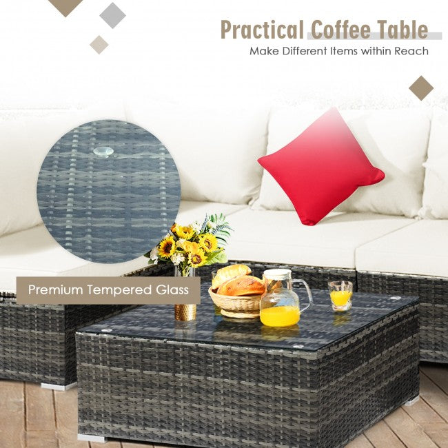 7 Pieces Outdoor Wicker Sectional Conversation Sofa Set Patio Rattan Furniture Set with Cushion and Tea Coffee Table