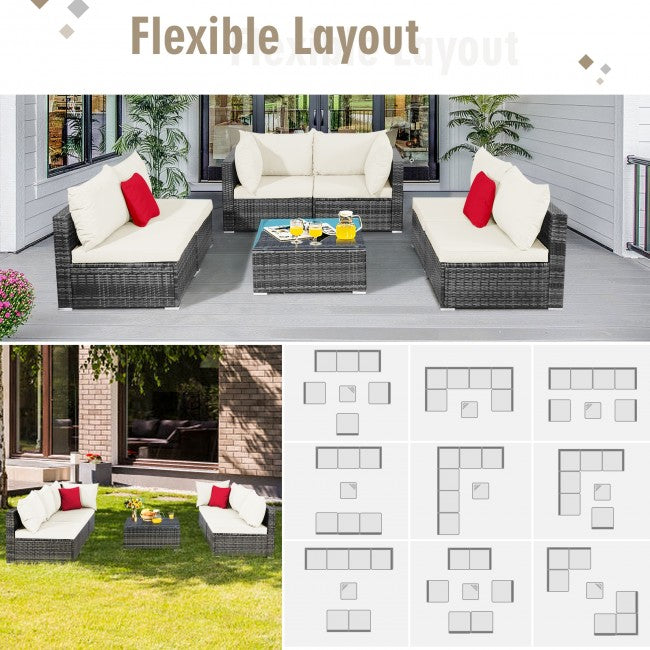 7 Pieces Outdoor Wicker Sectional Conversation Sofa Set Patio Rattan Furniture Set with Cushion and Tea Coffee Table