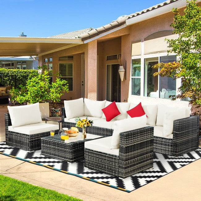 7 Pieces Outdoor Wicker Sectional Conversation Sofa Set Patio Rattan Furniture Set with Cushion and Tea Coffee Table