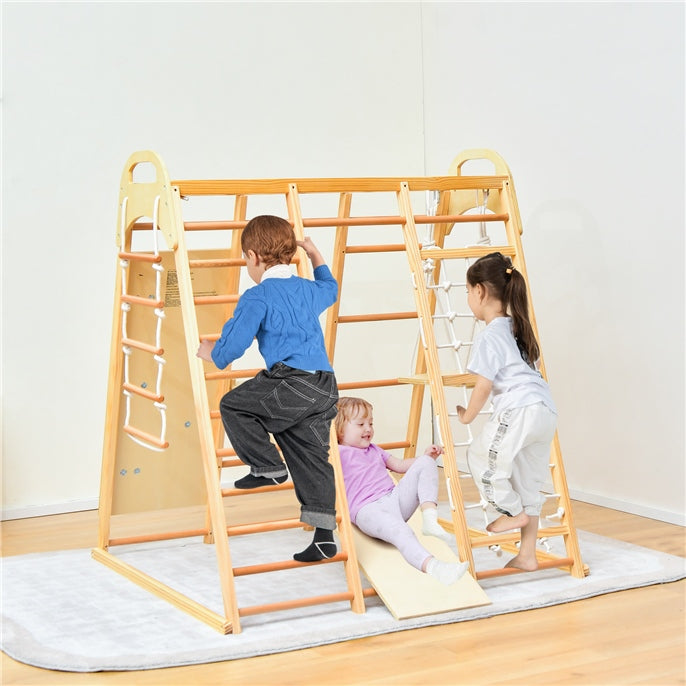 8-in-1 Kids Wood Montessori Climber Playset Toddlers Climbing Toys Indoor Playground Jungle Gym with Slide Swing Climbing Net and Rope Ladder