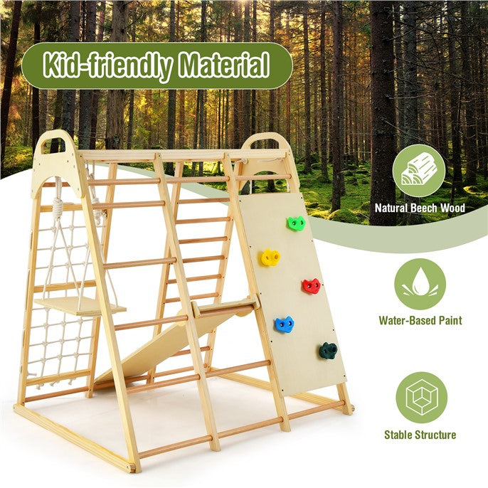 8-in-1 Kids Wood Montessori Climber Playset Toddlers Climbing Toys Indoor Playground Jungle Gym with Slide Swing Climbing Net and Rope Ladder