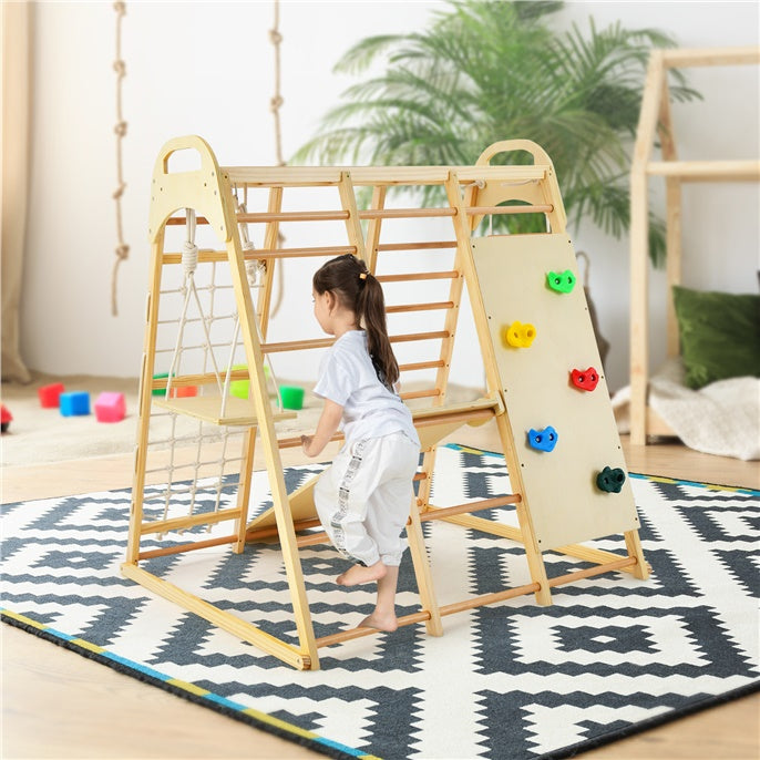 8-in-1 Kids Wood Montessori Climber Playset Toddlers Climbing Toys Indoor Playground Jungle Gym with Slide Swing Climbing Net and Rope Ladder