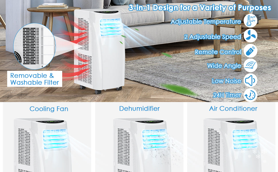 8000BTU Portable Air Conditioner Air Cooler with Dehumidifier Function and Remote Control