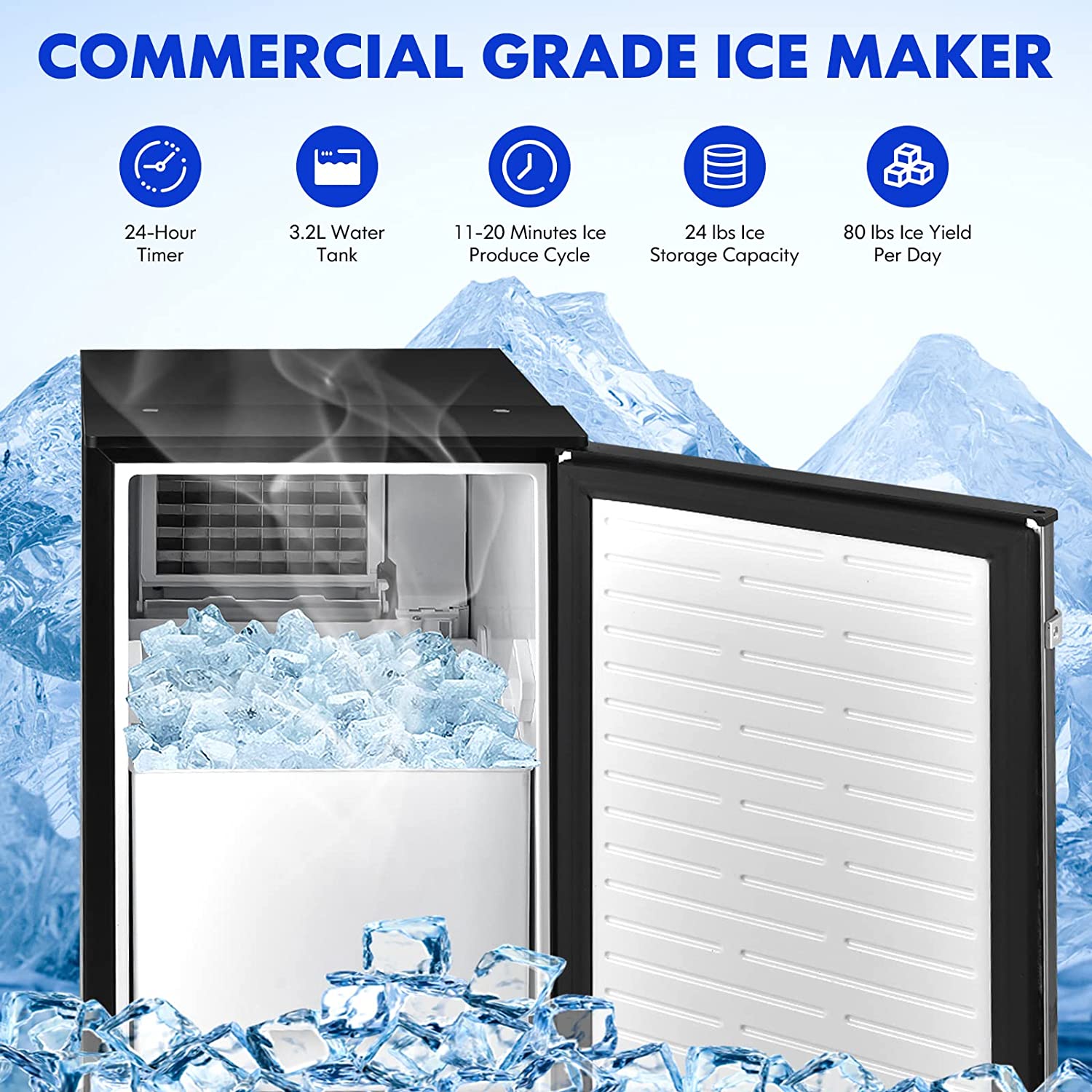 80Lbs 24H Commercial Built-in Lab Ice Maker Free-Standing Under Counter Ice Machine with LED Light and 24H Timer