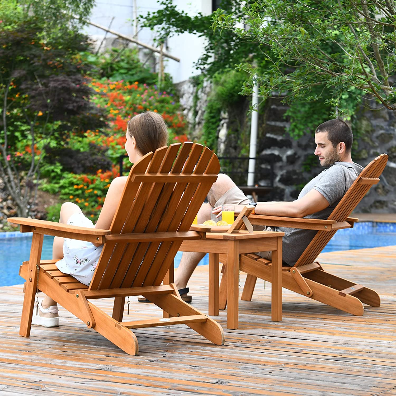 3 Pieces Foldable Adirondack Chair Set Wooden Lounger Chair with Widened Armrest and Side Table for Patio Poolside Garden
