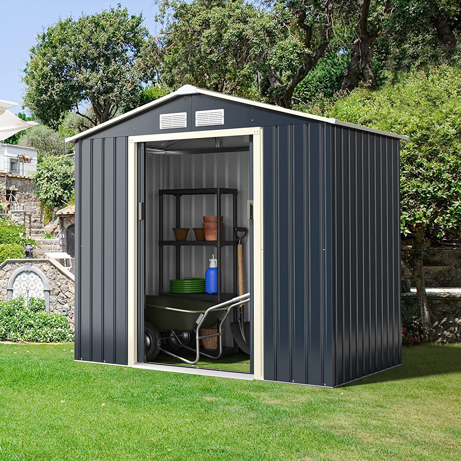7’ x 4’ Outdoor Patio Metal Storage Shed, Building Organizer with Double Sliding Doors & 4 Vents for Garden Backyard Farm