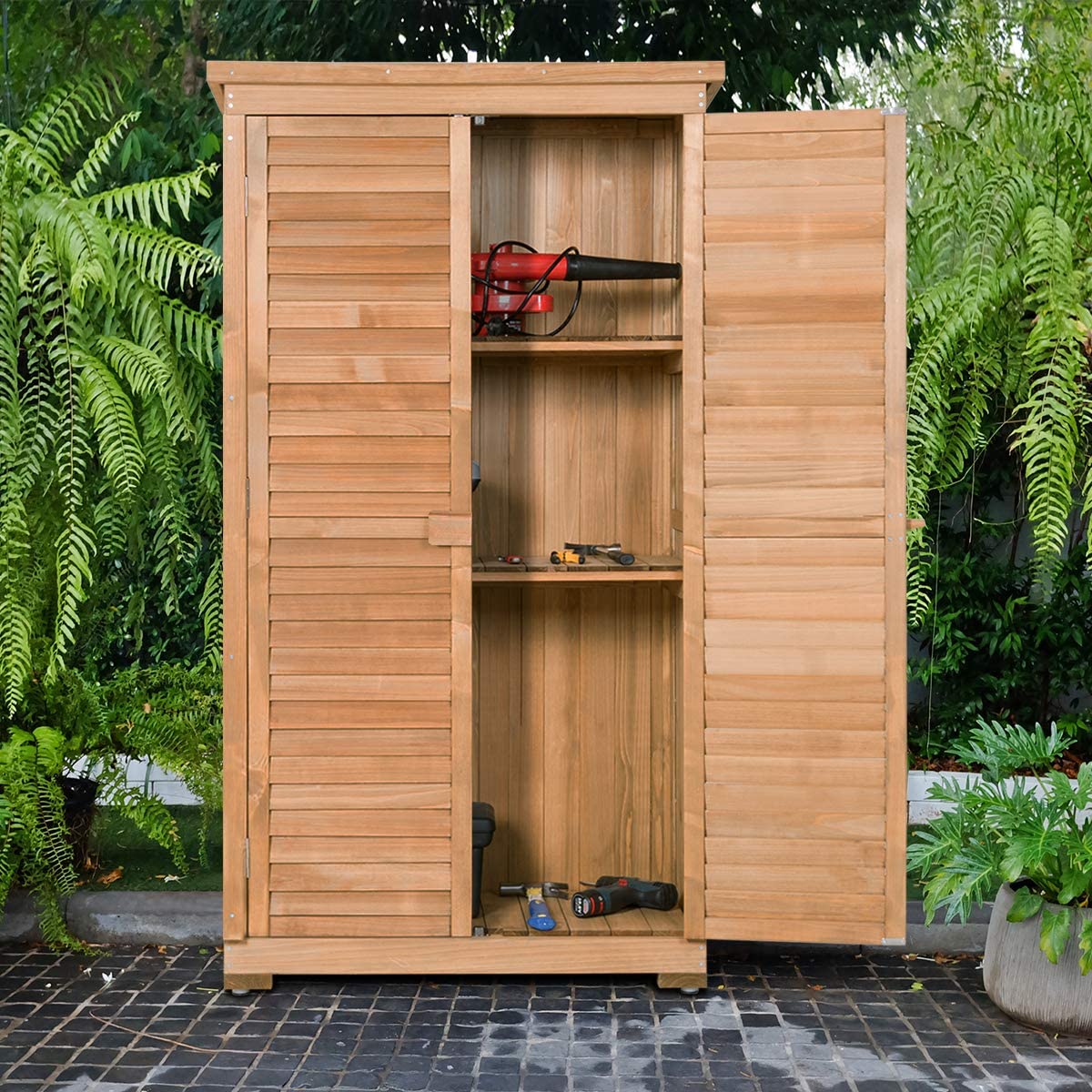 63" Outdoor Wooden Storage Shed Garden Cabinet with Latch & Detachable Shelves