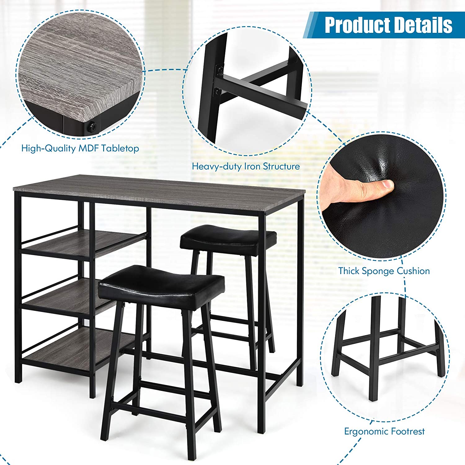 3 Pieces Pub Dining Counter Height Table and Chair Set with Storage Shelves and Cushion Stool, 47 x 23.5 x 36 Inch
