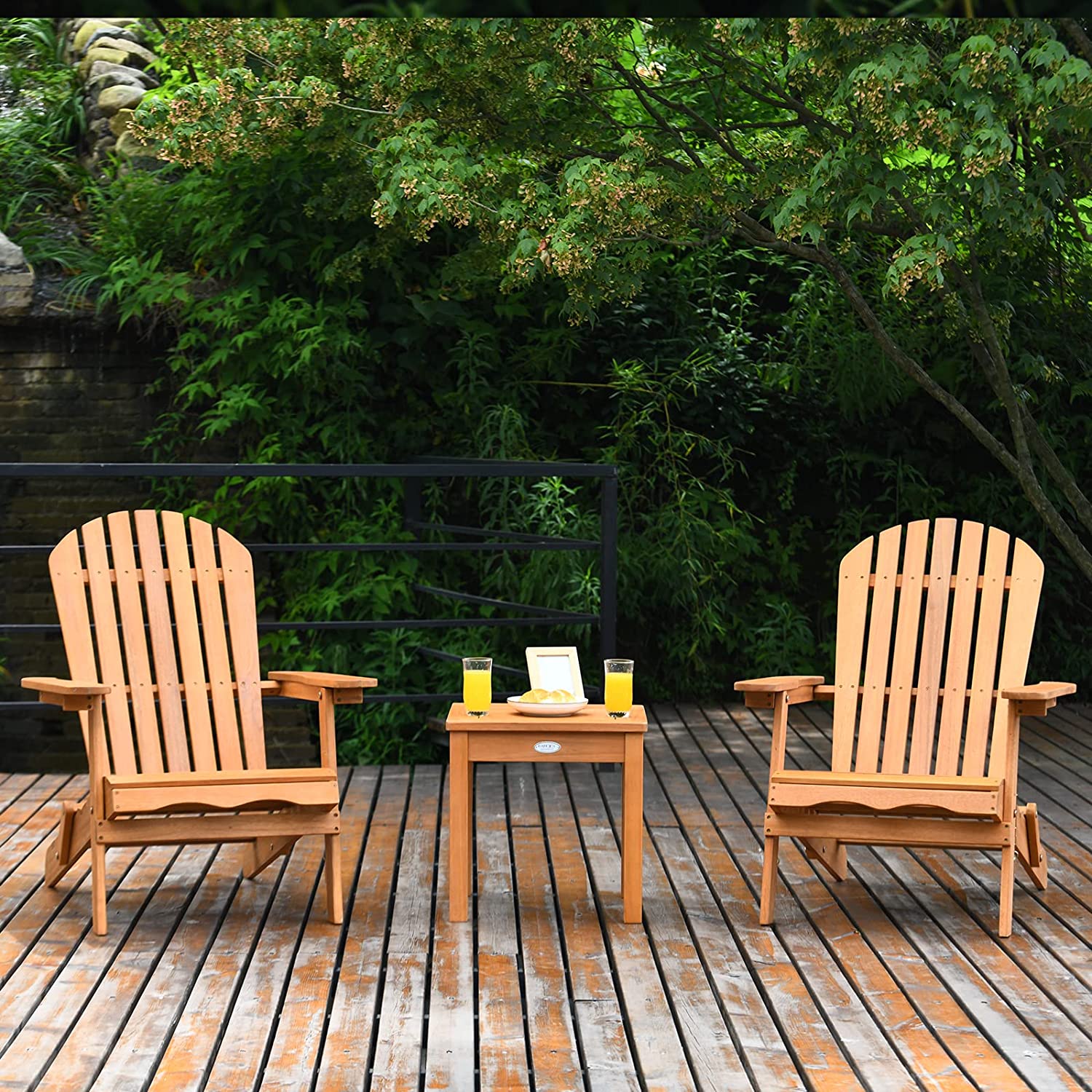 3 Pieces Foldable Adirondack Chair Set Wooden Lounger Chair with Widened Armrest and Side Table for Patio Poolside Garden