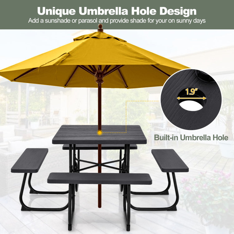 8 Person Outdoor Square Picnic Table Patio Table and Bench Set with 4 Built-in Benches and Umbrella Hole