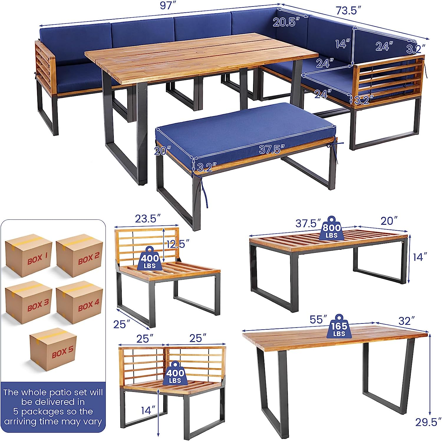 8 Pieces Outdoor Dining Table Set Patio Acacia Wood Conversation Sofa Set with Cushions and Ottoman