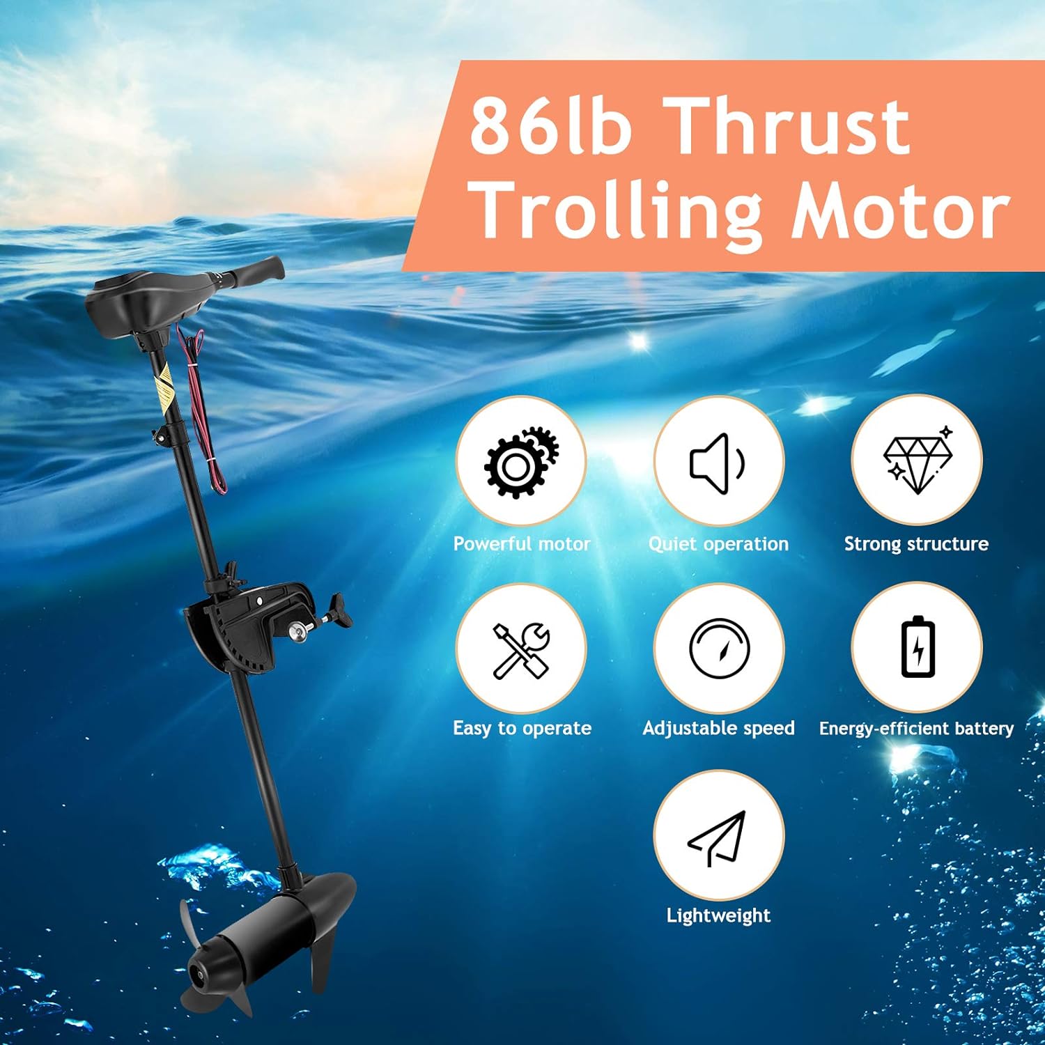 8 Speed Electric Trolling Motor Boat Fishing Motor with 36 Shaft and 2-bladed Propeller for Freshwater Saltwater