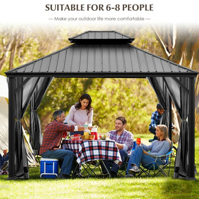 12' x 10' Outdoor Hardtop Gazebo Pavilion, Patio Galvanized Steel Double Roof Pergolas Canopy with Netting and Curtains for Garden,Lawns,Parties,Backyard