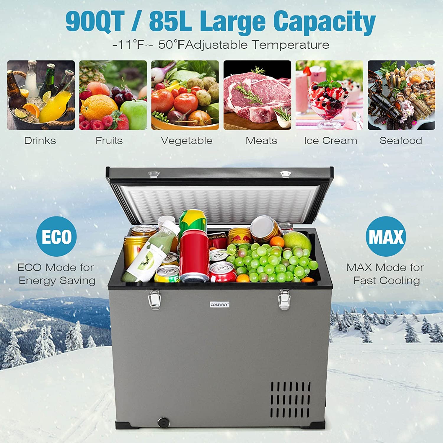 90 Quart Portable Car Refrigerator Chest Freezer Electric Fridge Cooler with Compressor