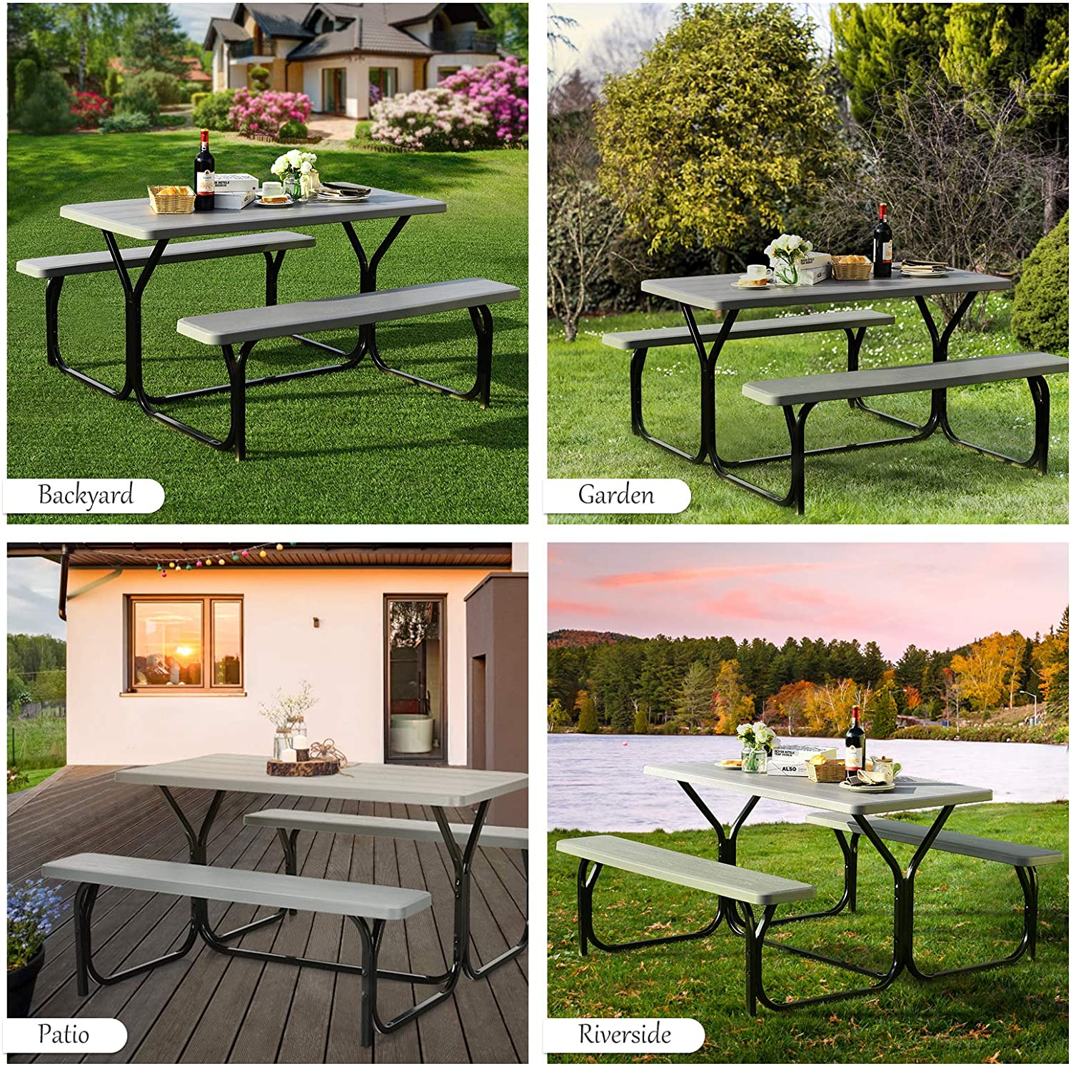 Outdoor Camping Folding Picnic Table Bench Set with Metal Base & Wood-Like Texture,  Patio Deck Furniture