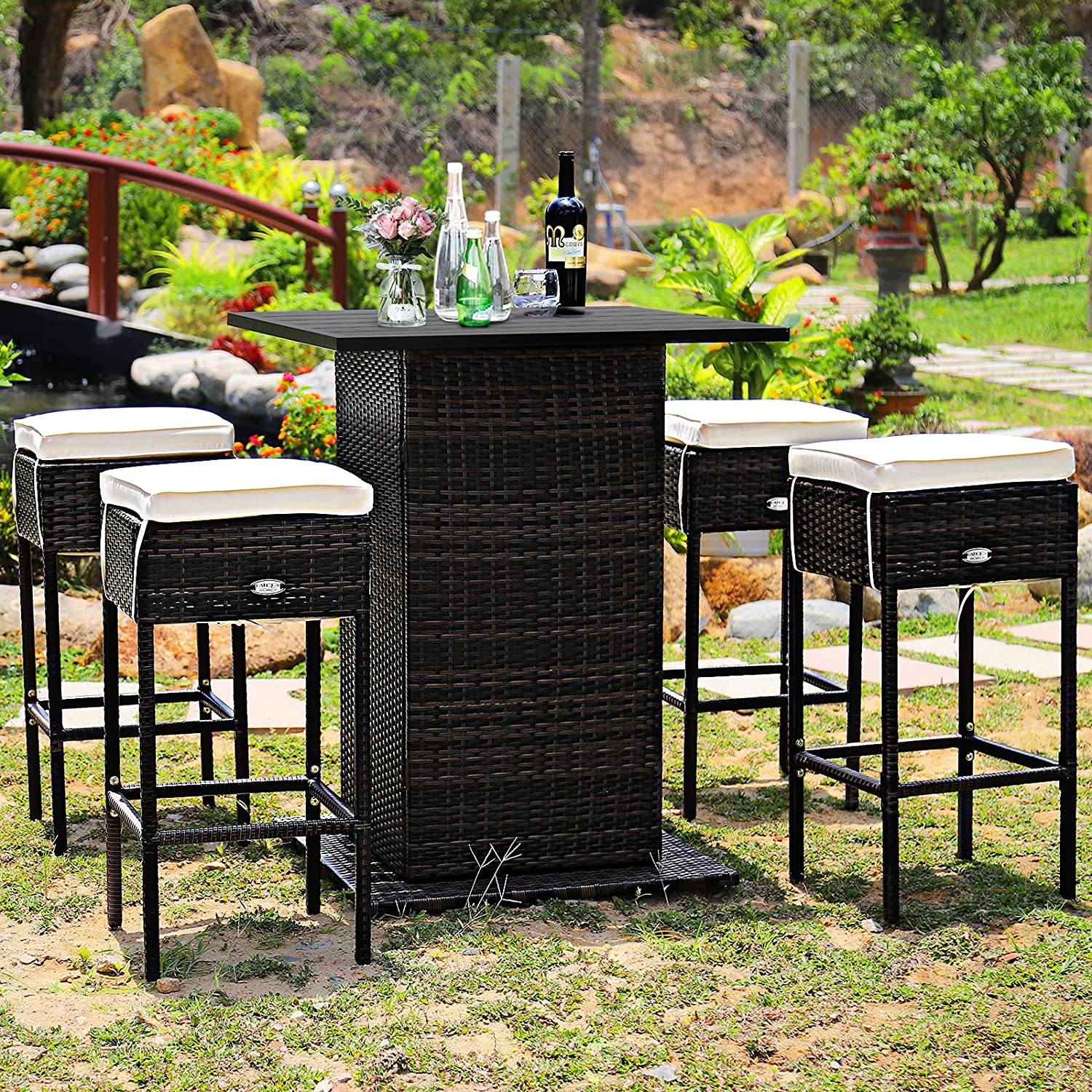5 Piece Outdoor Patio Rattan Bar Set Bistro Set Conversation Set  with 4 Cushions for Poolside, Backyard, Lawn and Garden