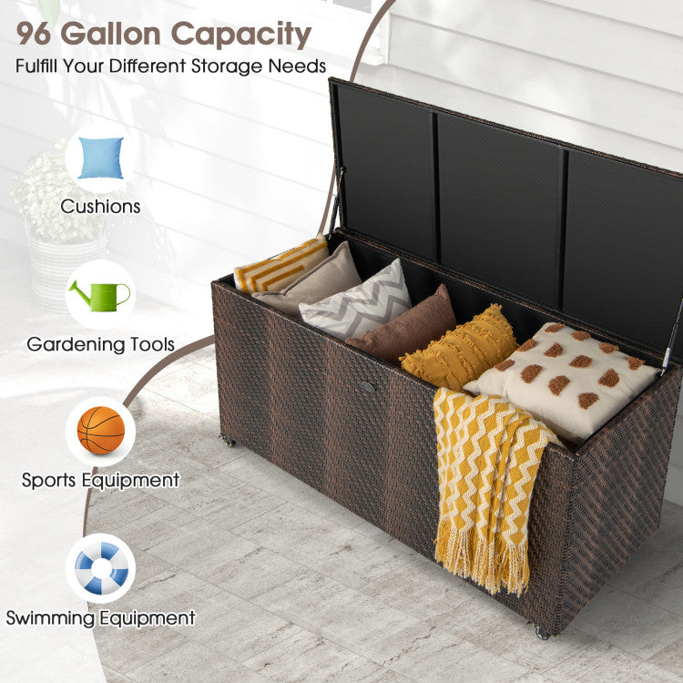 96 Gallon Outdoor Rattan Storage Box PE Wicker Deck Container with 4   Lockable Wheels and Waterproof Liner