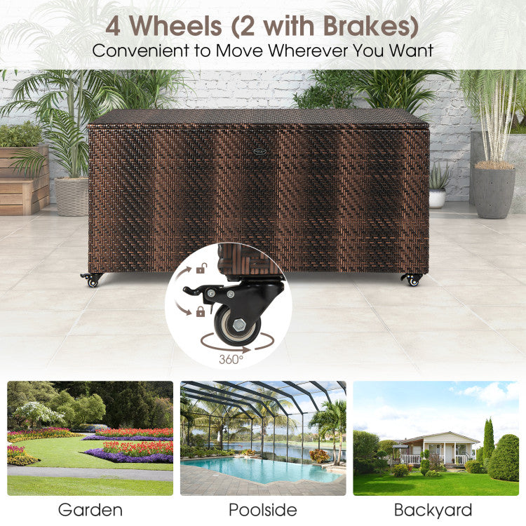 96 Gallon Outdoor Rattan Storage Box PE Wicker Deck Container with 4   Lockable Wheels and Waterproof Liner