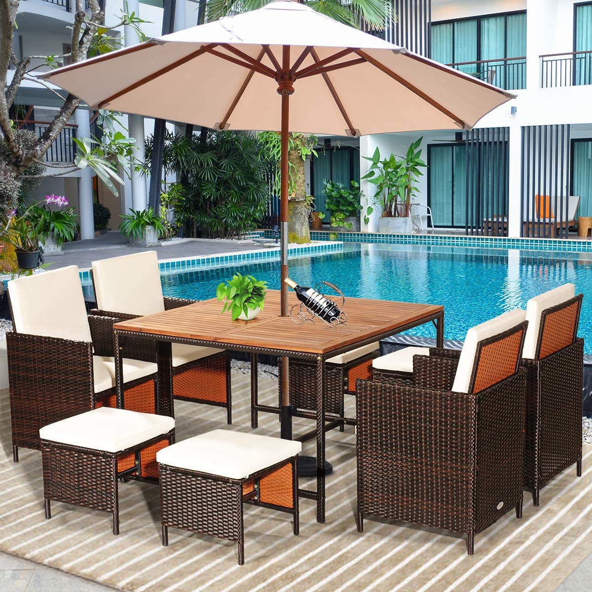 9 Pieces Outdoor Acacia Wood Dining Table Set Patio Space Saving Wicker Furniture Set with Cushion and Umbrella Hole
