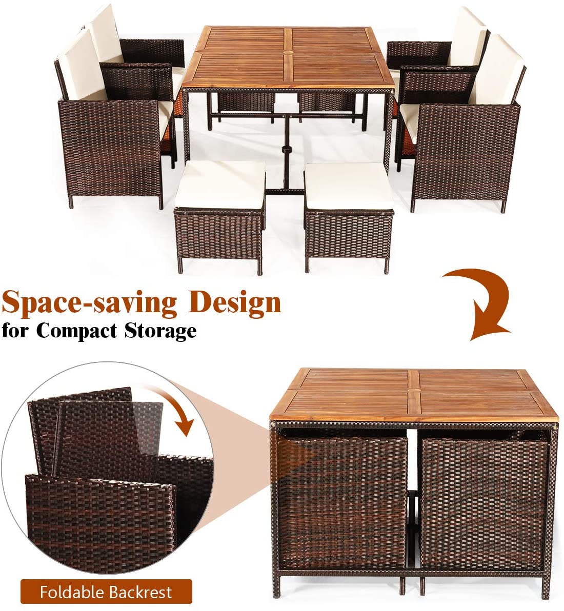 9 Pieces Outdoor Acacia Wood Dining Table Set Patio Space Saving Wicker Furniture Set with Cushion and Umbrella Hole