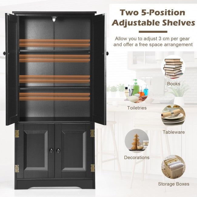 Kitchen Pantry MDF Storage Cabinet Freestanding Accent Floor Cupboard with Adjustable Shelves and Anti-toppling Device
