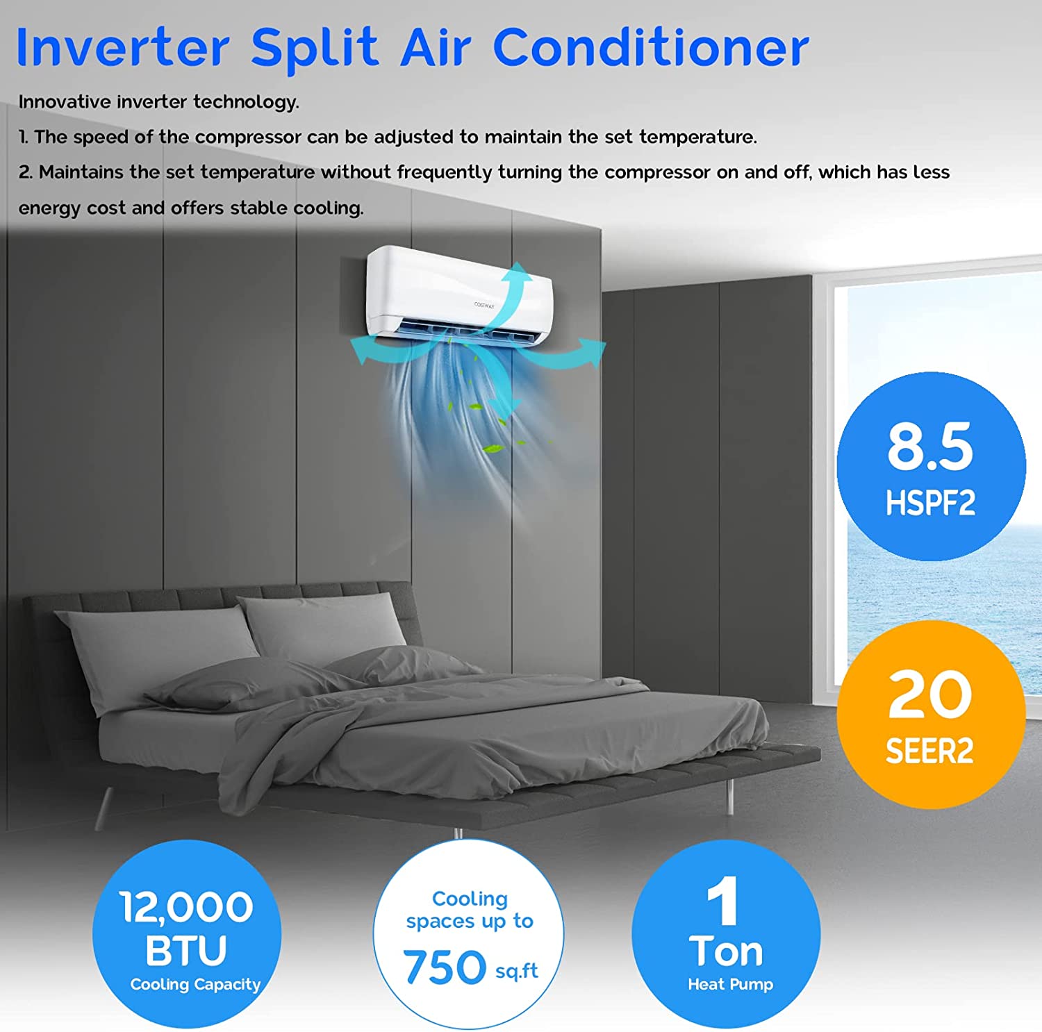 Chairliving 12000 BTU 115V Mini Split AC 20 SEER2 Ductless Air Conditioner with Pre-Charged Condenser and Heat Pump DC Inverter System