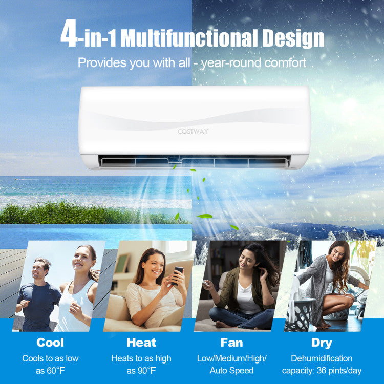 Chairliving 12000BTU 220V Mini Split Inverter Air Conditioner and Ductless Heater Wall-Mounted AC Unit with 5 Modes and 4 Speeds