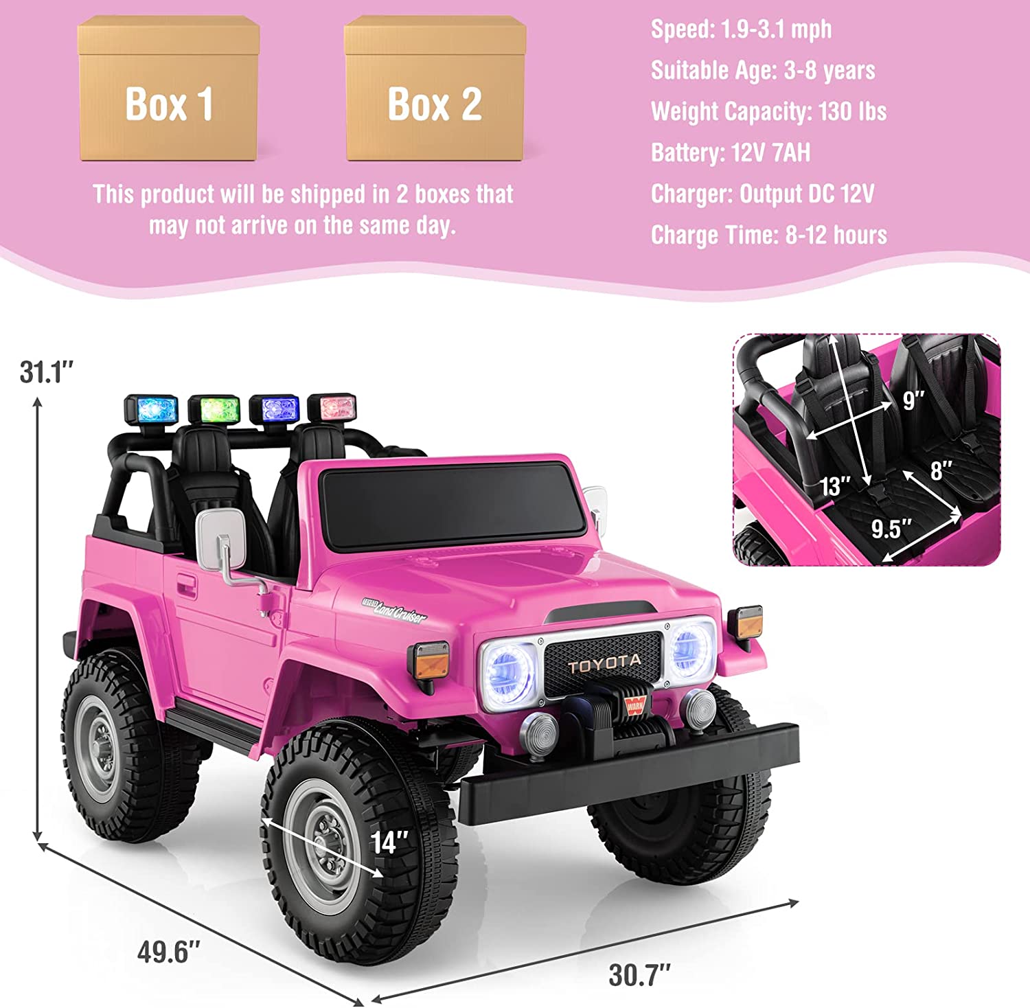 Chairliving 12V Kids Licensed Toyota FJ40 Ride On Truck Car 2-Seater Electric Vehicle with Remote Control Colorful Laser Lights