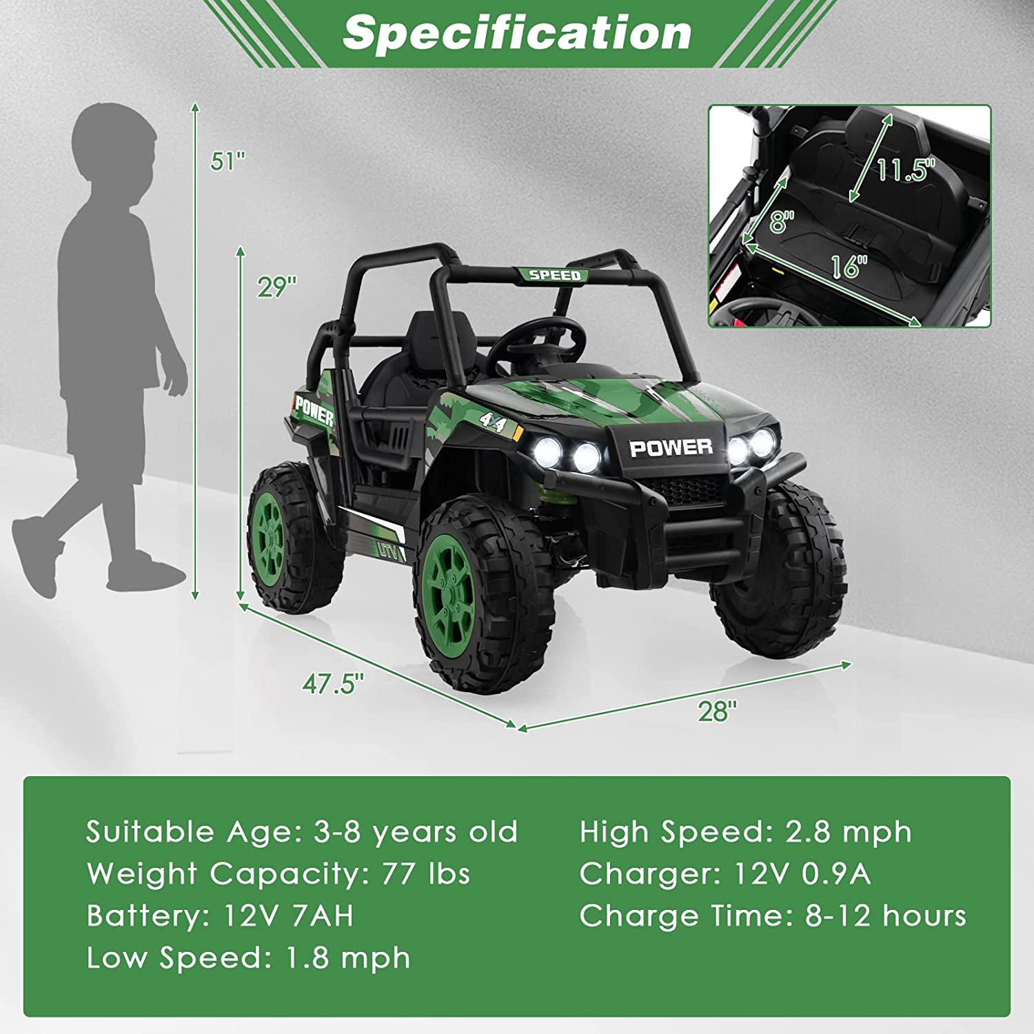 Chairliving 12V Kids Ride On UTV Car Battery Powered Off-Road Buggy Truck with Remote Control USB Port for Boys Girls