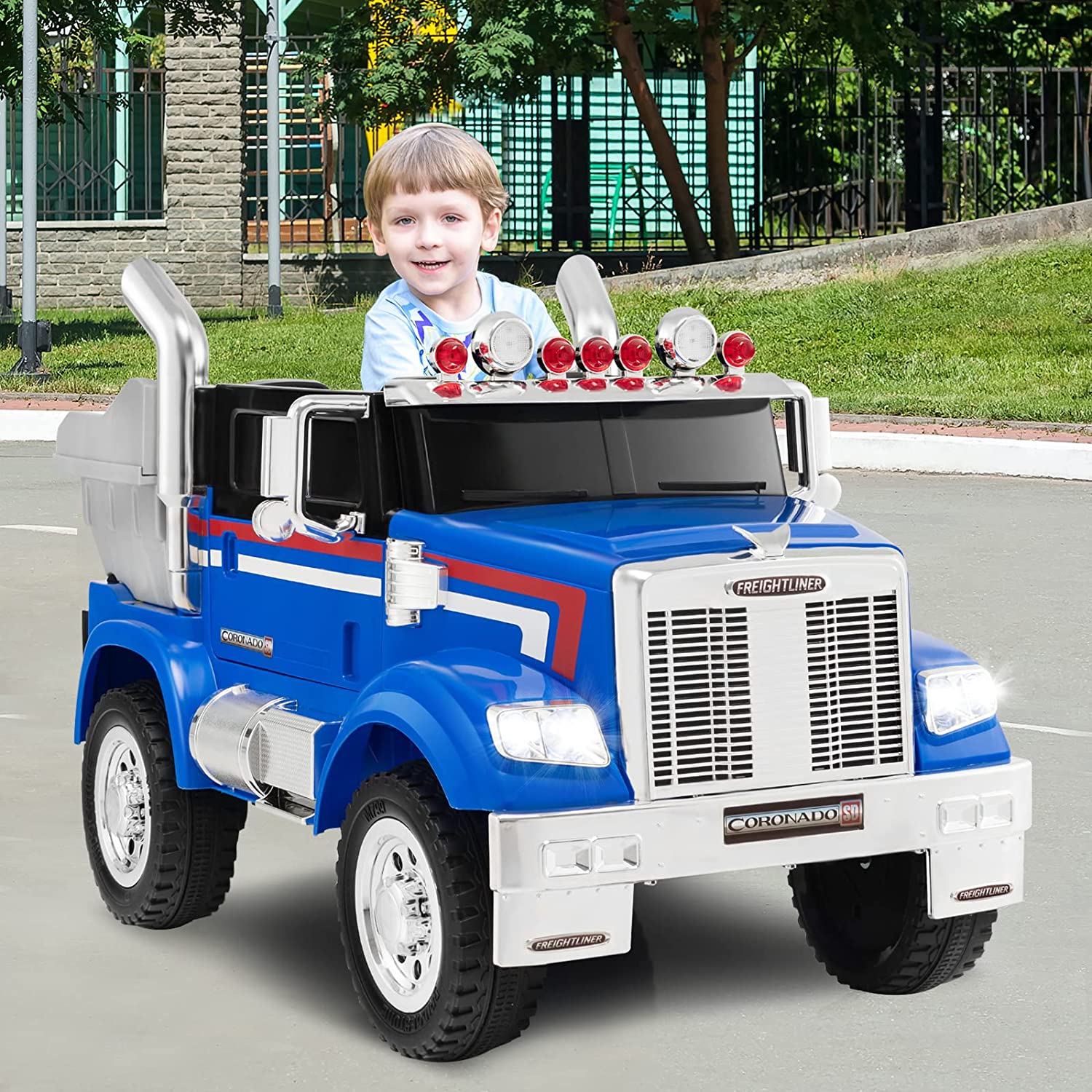 Chairliving 12V Licensed Freightliner Ride-On Dump Truck Electric Toy Car with Remote Control Rear Loader