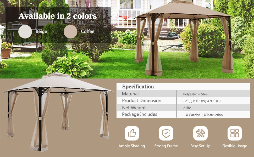 Chairliving 12 x 10 Feet Outdoor Gazebo Patio Canopy Shelter with Double Vented Roof and Large Shade Area