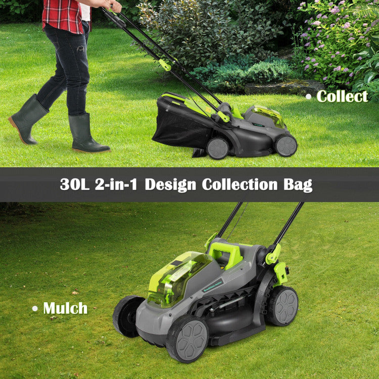 Chairliving 13 Inch Portable Height Adjustable Cordless Electric Lawn Mower with 2-in-1 Collection Bag