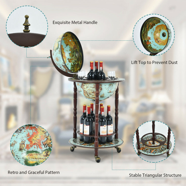 Chairliving 14 Inch Globe Wine Bar Stand 16th Century Italian Map Liquor Bottle Shelf Cart Bar Cabinet with Wheels