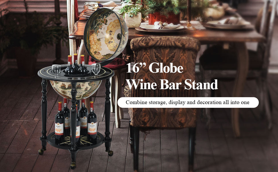 Chairliving 16 Inch Globe Wine Bar Stand 16th Century Nautical Chart Wine Cart  Cabinet with Wheels