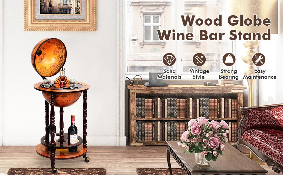 Chairliving 17.5”Wood Globe Wine Bar Stand 16th Century Italian Replica Liquor Cabinet Cart with Wheels