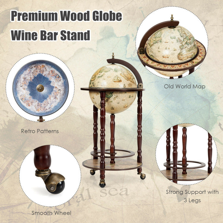 Chairliving 17 Inch Wood Globe Wine Bar Stand 16th Century Italian Style Replica Liquor Wine Cabinet Cart with Wheels