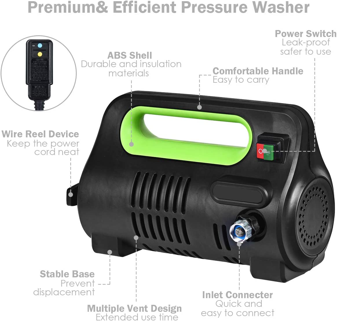 Chairliving 1800PSI Compact Pressure Washer 1.96GPM 1500W Portable High Power Car Cleaning Machine with Adjustable Nozzle and Spray Gun