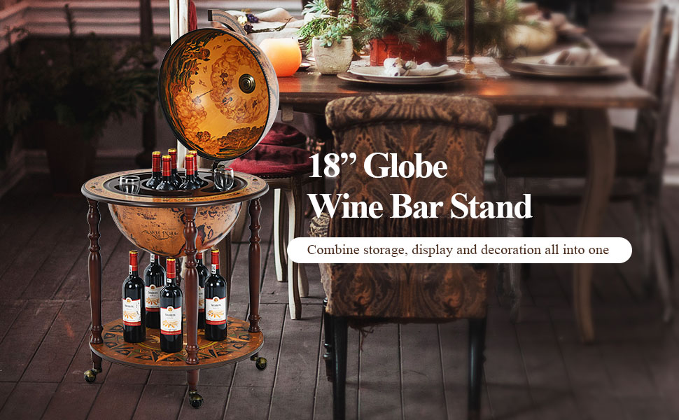 Chairliving 18 Inch Globe Wine Bar Stand 16th Century Italian Wine Cart Cabinet with Wheels