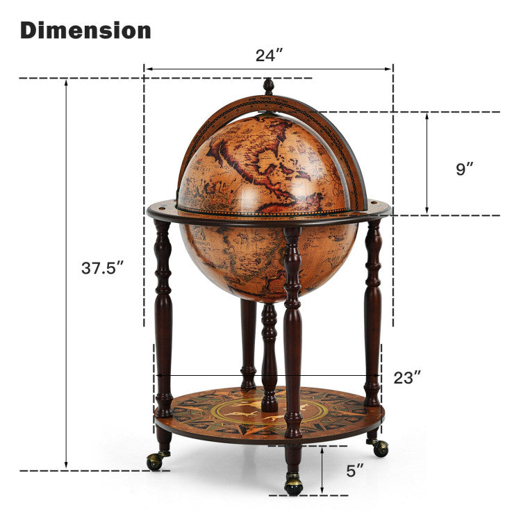Chairliving 18 Inch Globe Wine Bar Stand 16th Century Italian Wine Cart Cabinet with Wheels