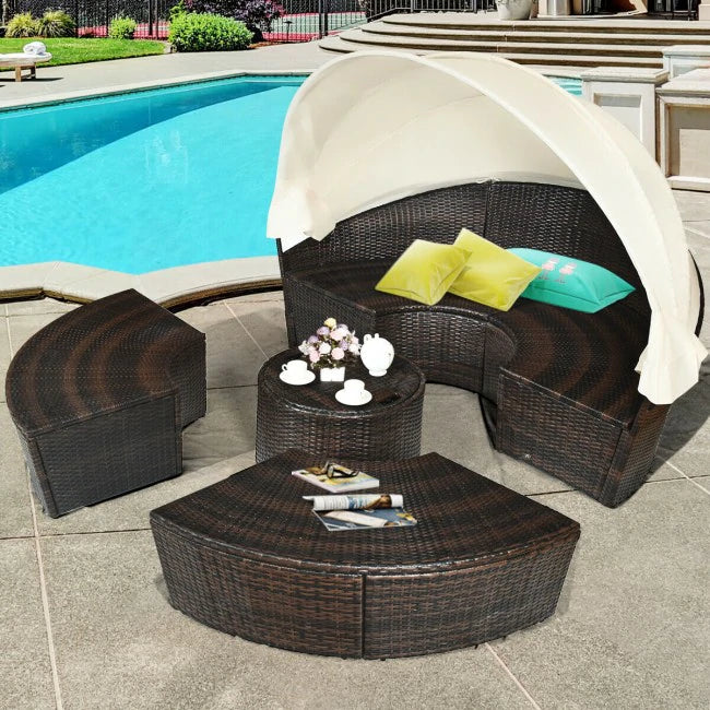 Patio Round Rattan Daybed Outdoor Wicker Furniture Sets With Retractable Canopy