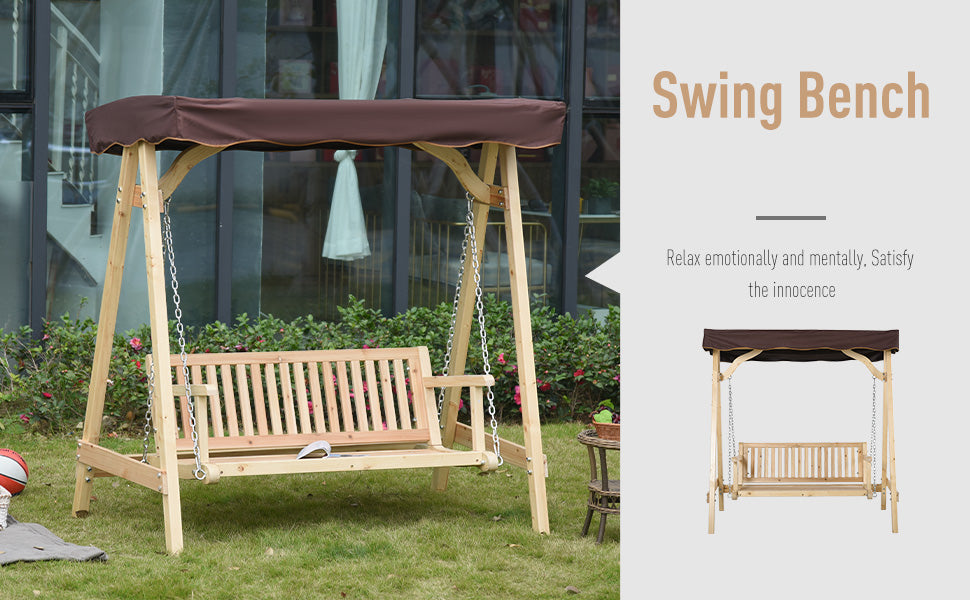 Chairliving 2-Person Outdoor Wooden Swing Bench Patio Swing Chair with Adjustable Canopy and Hanging Chain for Garden Backyard