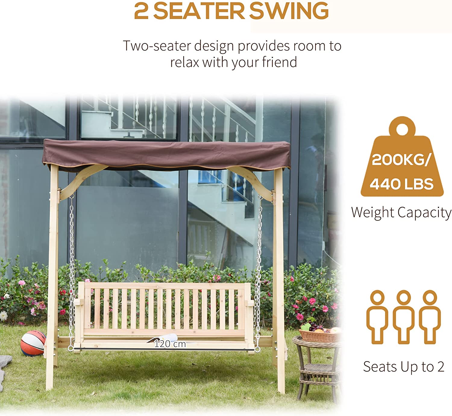 Chairliving 2-Person Outdoor Wooden Swing Bench Patio Swing Chair with Adjustable Canopy and Hanging Chain for Garden Backyard