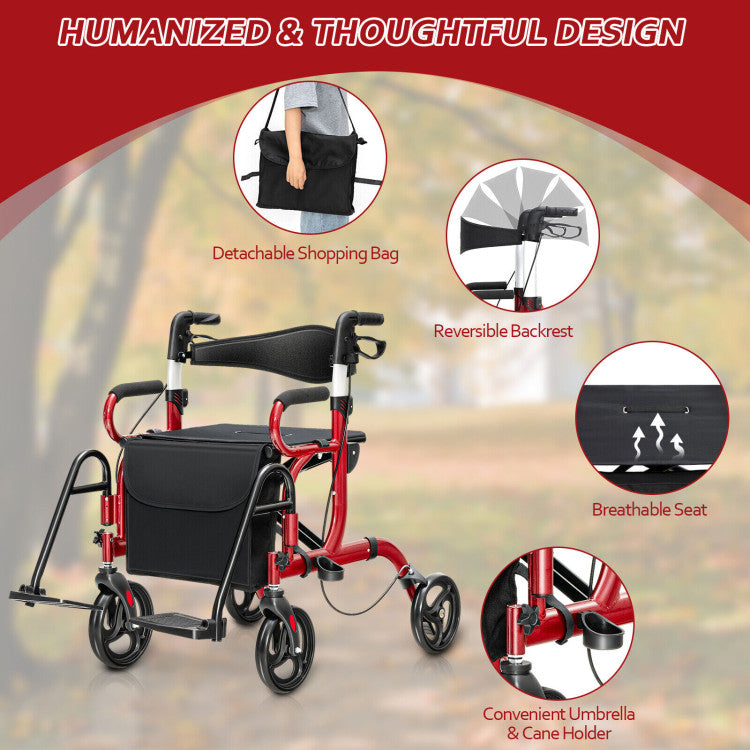 Chairliving 2-in-1 Folding Rollator Walker Transport Wheelchair with Detachable Storage Bag and Height Adjustable Handle