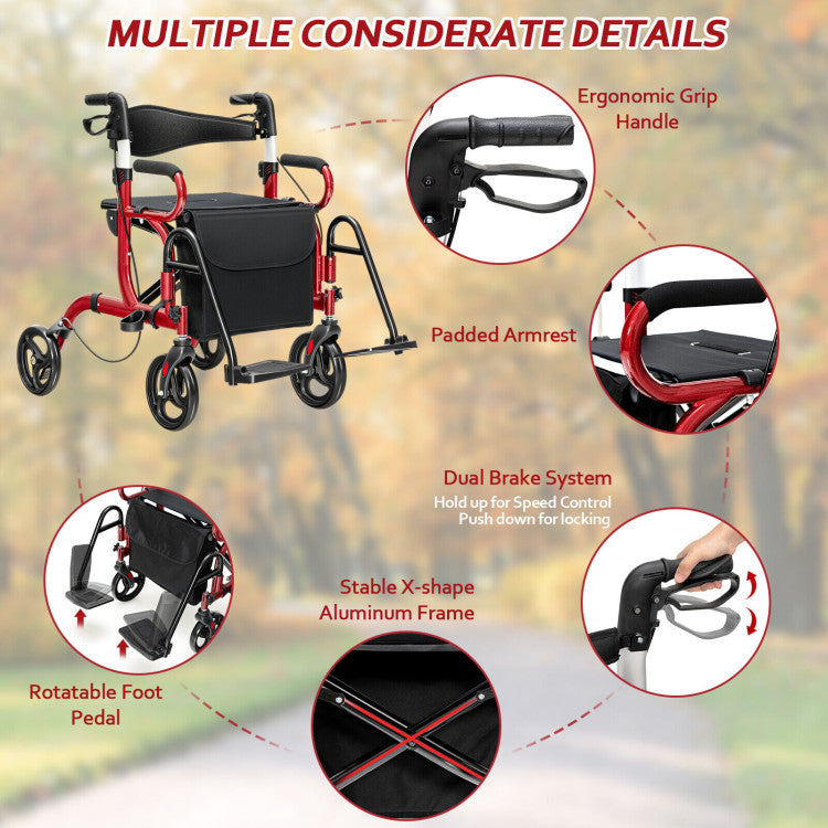 Chairliving 2-in-1 Folding Rollator Walker Transport Wheelchair with Detachable Storage Bag and Height Adjustable Handle