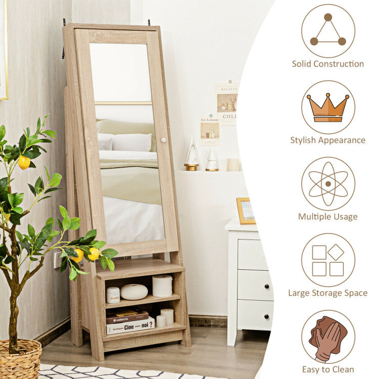 Chairliving 2-in-1 Freestanding Jewelry Mirror Cabinet Wooden Cosmetics Storage Cabinet with Full-Length Mirror and Bottom Storage Rack