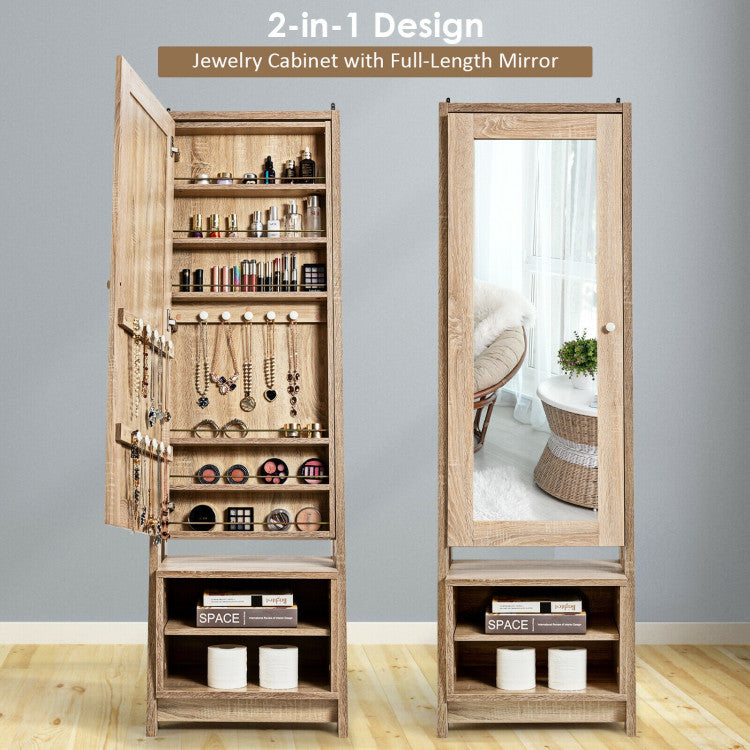 Chairliving 2-in-1 Freestanding Jewelry Mirror Cabinet Wooden Cosmetics Storage Cabinet with Full-Length Mirror and Bottom Storage Rack