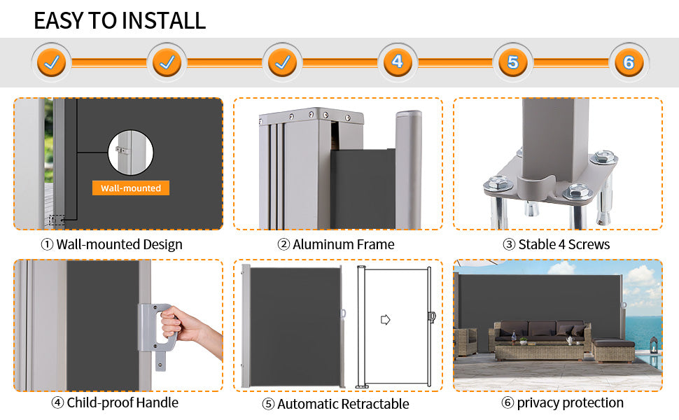 Chairliving 237 x 63 Inch Outdoor Retractable Double Folding Side Screen Awning Patio Waterproof Sun Shade Wind Screen Privacy Divider