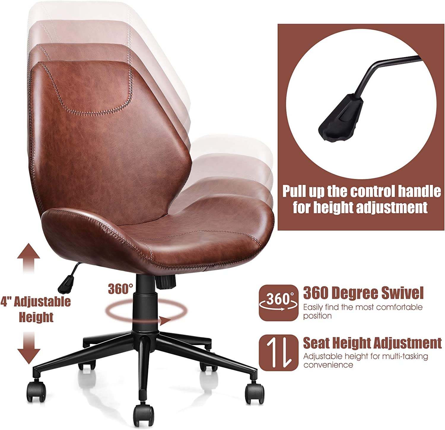 Chairliving  242 LBS PU Leather Office Chair Ergonomic Mid-Back Upholstered Home Leisure Chair with Swivel Casters and Adjustable Seat Height